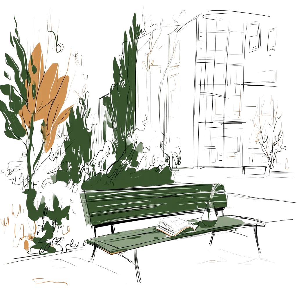 An empty park bench at Simon Fraser University with a notebook resting on it