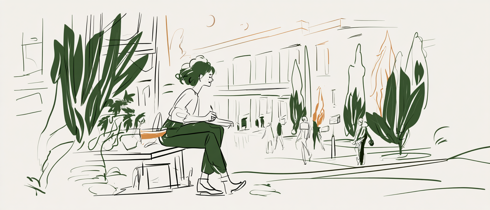 A hand-drawn illustration of a woman sitting outside near a university campus, writing