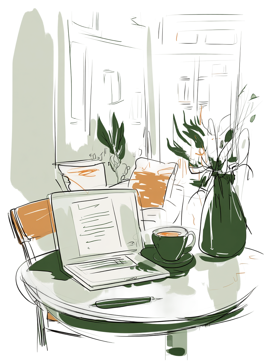 A laptop open to a journal entry on a cafe table, next to a cup of coffee