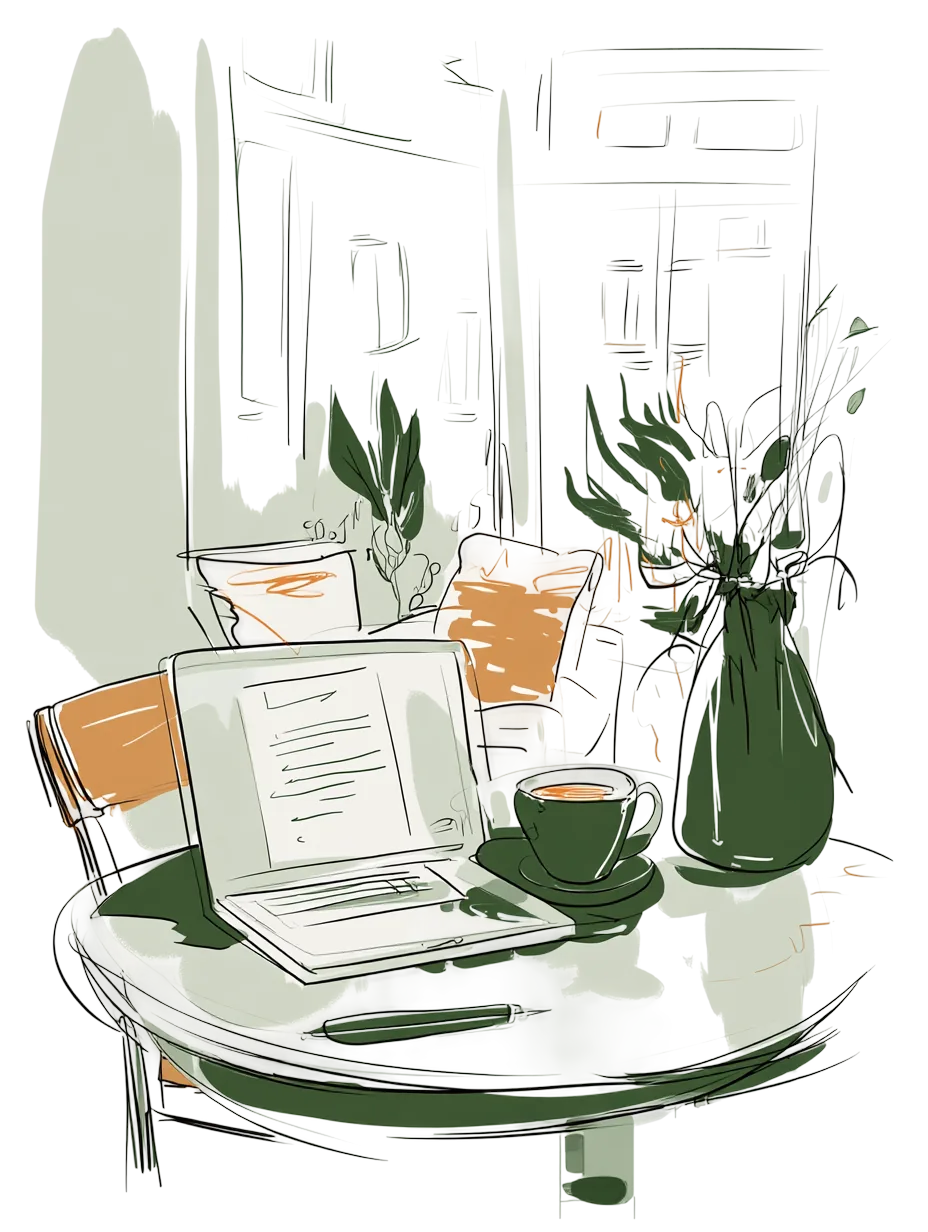 A laptop open to a journal entry on a cafe table, next to a cup of coffee
