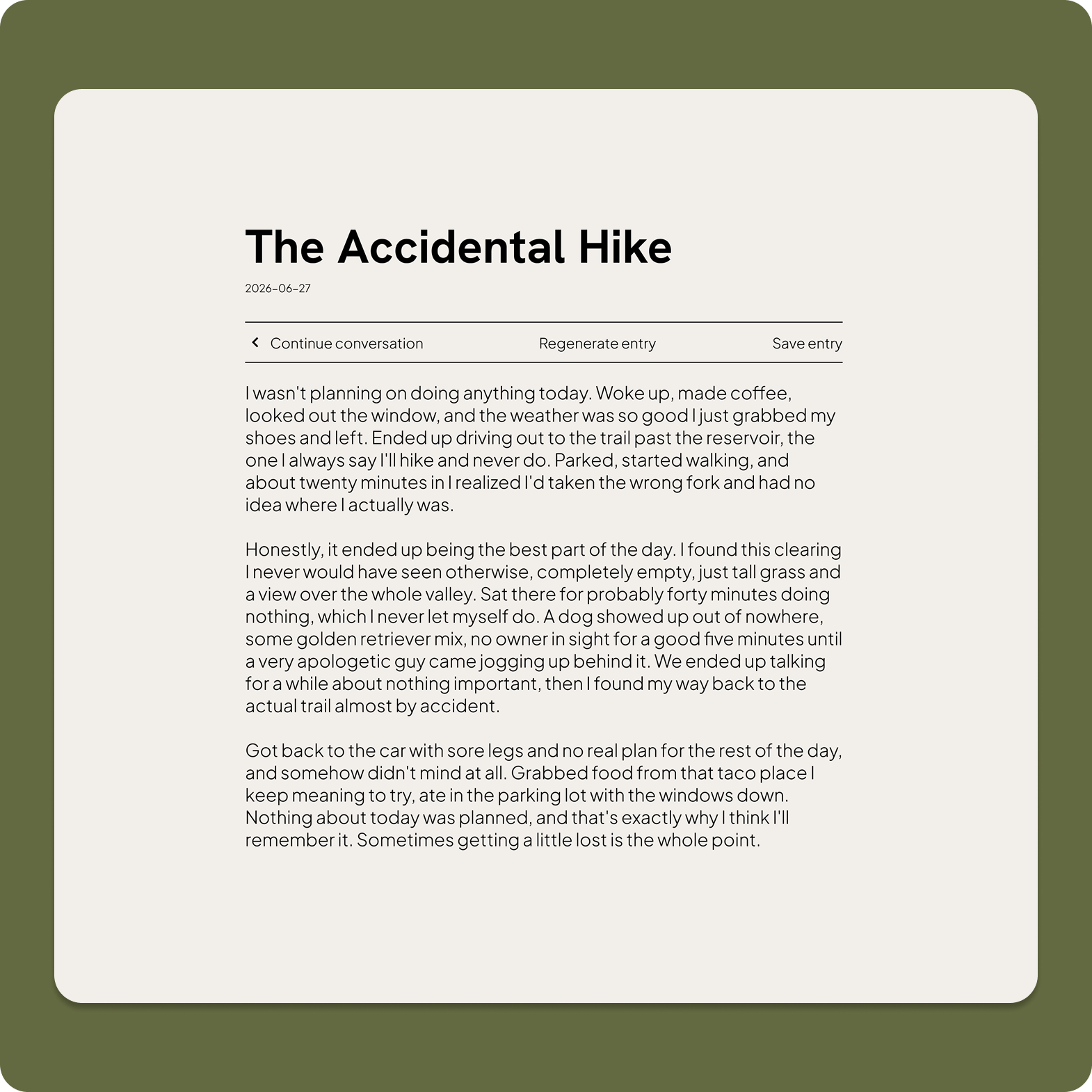 A finished journal entry titled The Accidental Hike