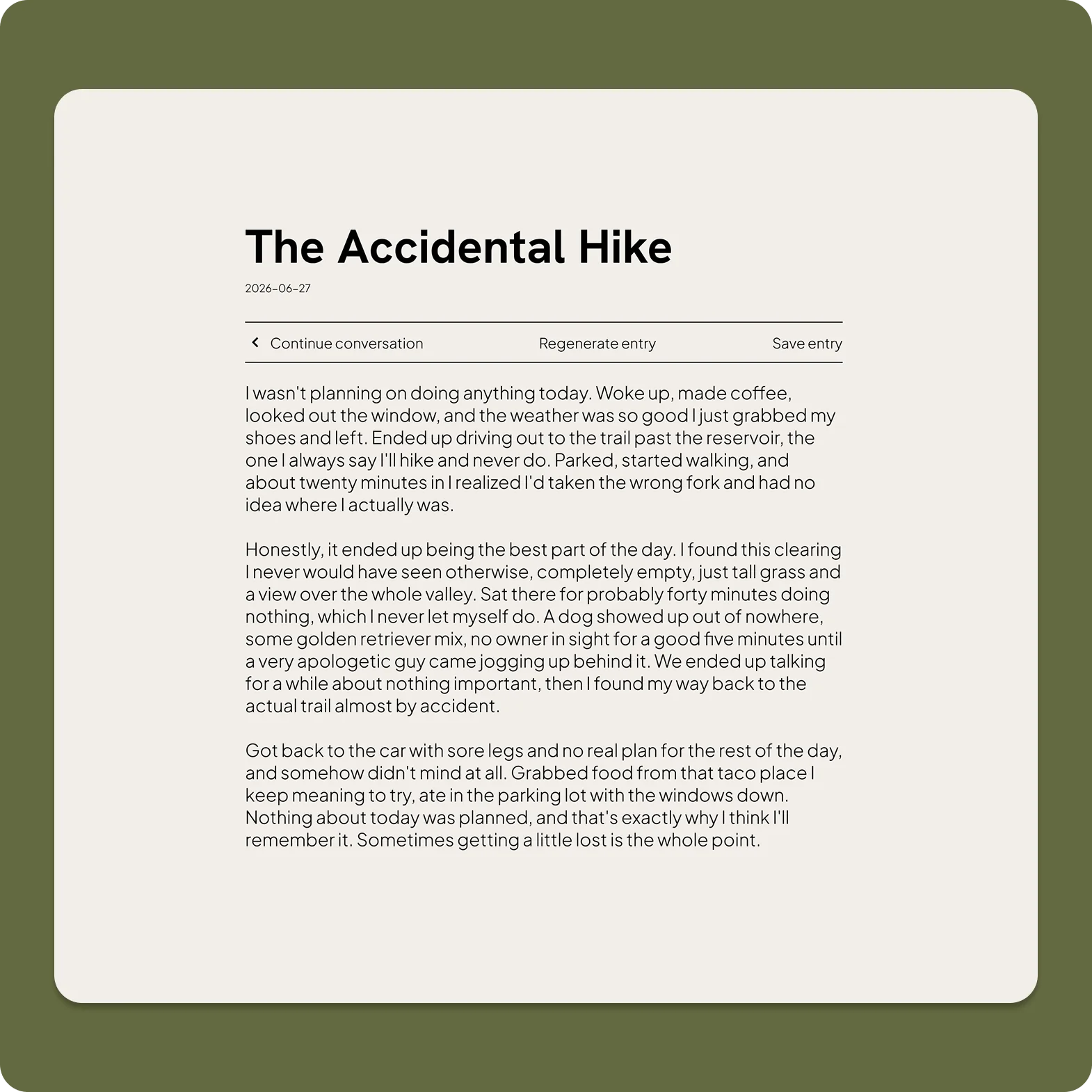 A finished journal entry titled The Accidental Hike