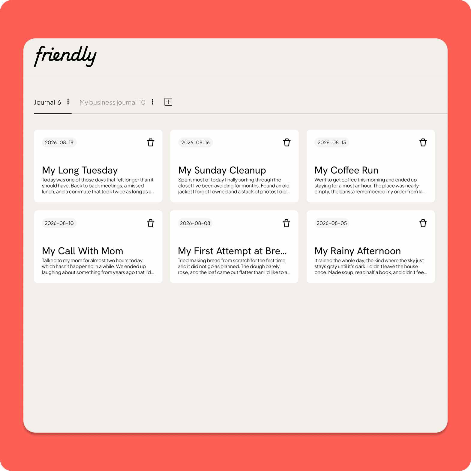 Friendly's dashboard showing separate journal categories and saved entries