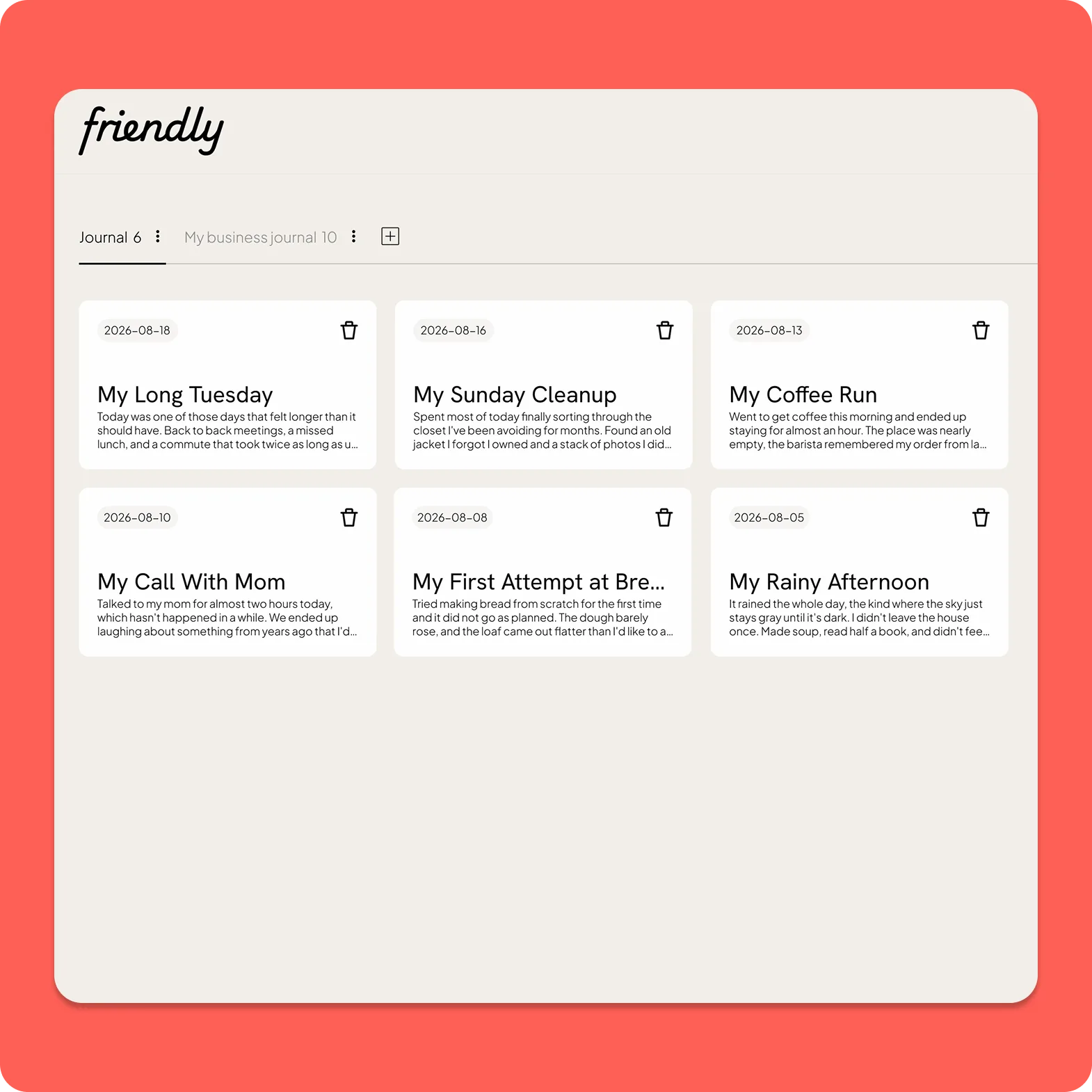 Friendly's dashboard showing separate journal categories and saved entries