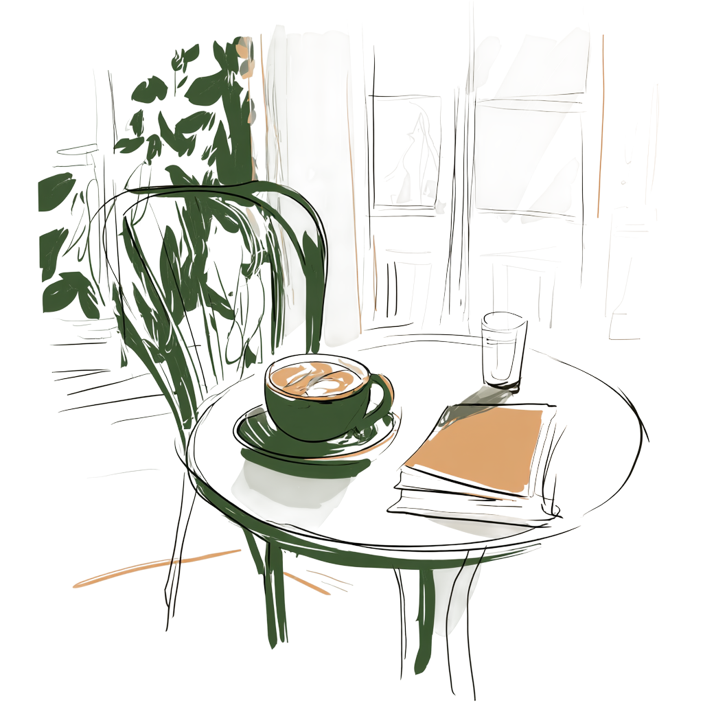 A cup of coffee on a table beside a notebook