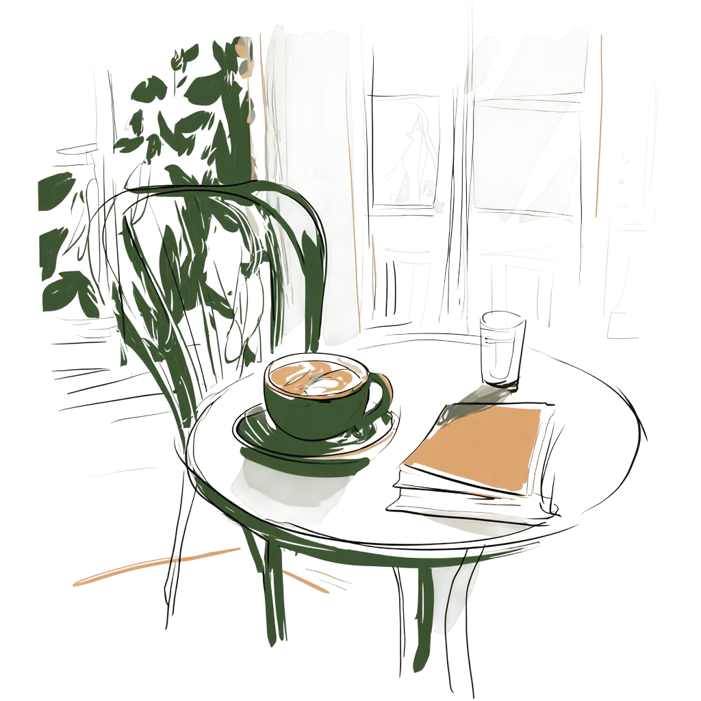 A cup of coffee on a table beside a notebook
